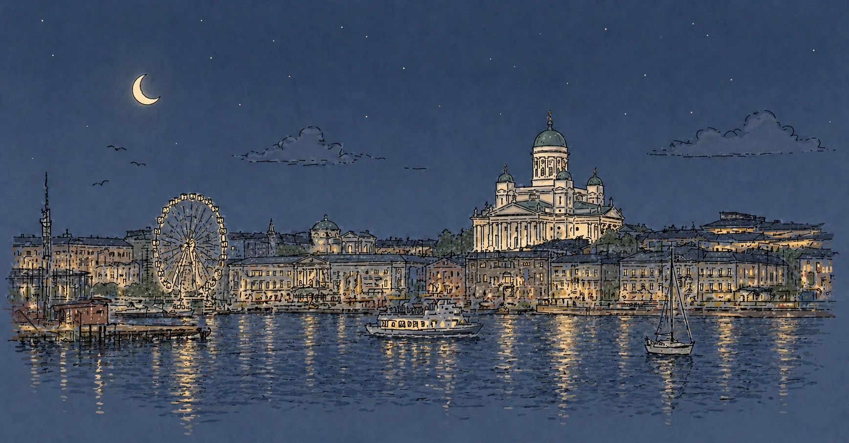 Illustration of Helsinki's waterfront skyline